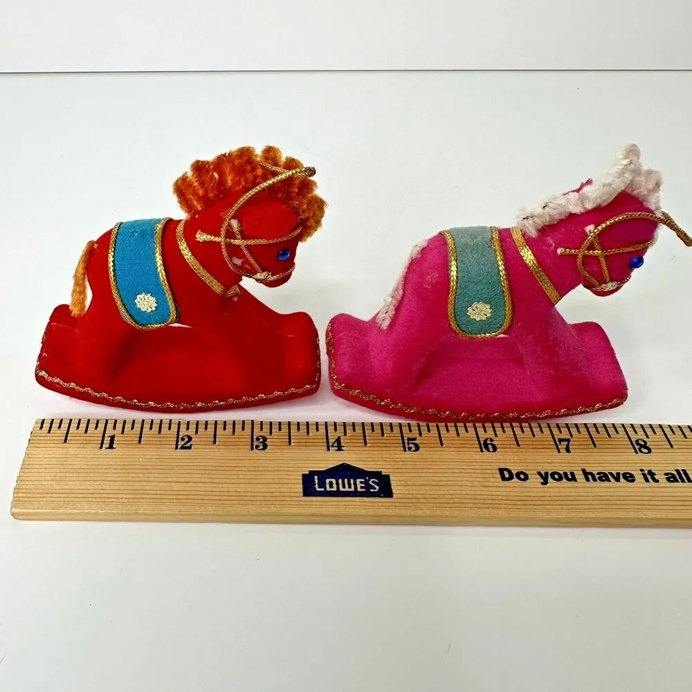 2 Vtg Rocking Horse Flocked Christmas Ornaments Kitschy Red Pink Pipe Cleaner 4